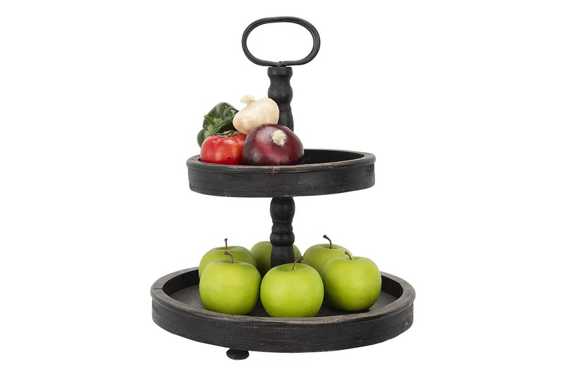 Creative Co-Op Distressed Blackwashed Wood 2-Tier Tray with Metal Handle - Image 3